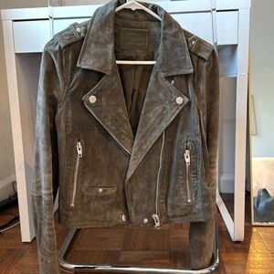 Suede moto jacket, lightly worn, army/hunter green